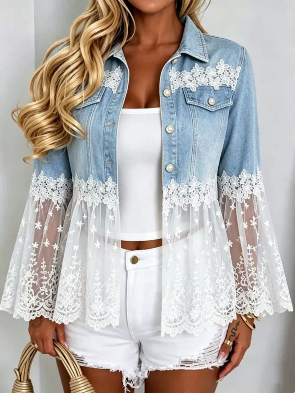H&M Autumn Lace Mesh Spliced Bell Sleeve Denim Jacket